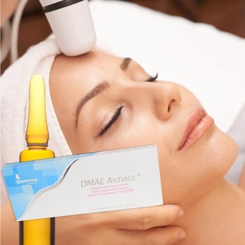 A professional beautician makes treatment  for a client. Skin treatment with DMAE Complex, lifting effect.